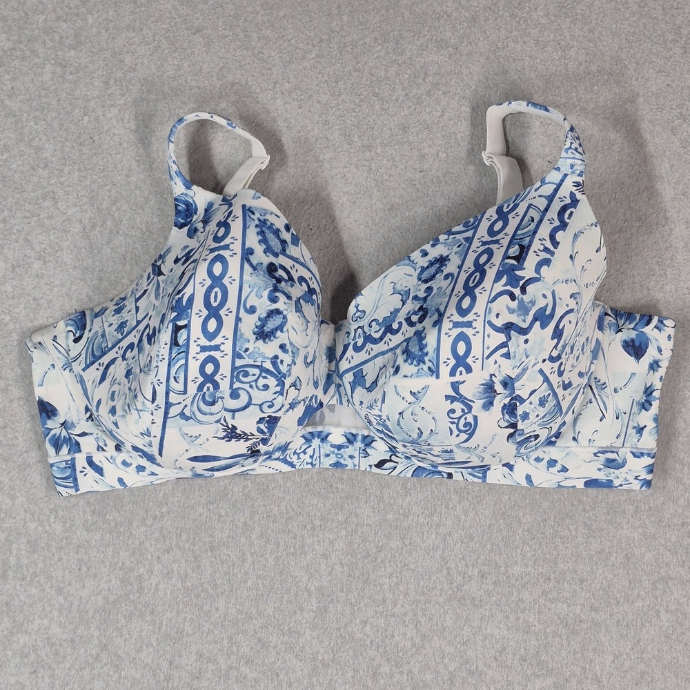 Cacique Women Bra 46DD Blue Floral T Shirt Underwired Strap Lightly Lined